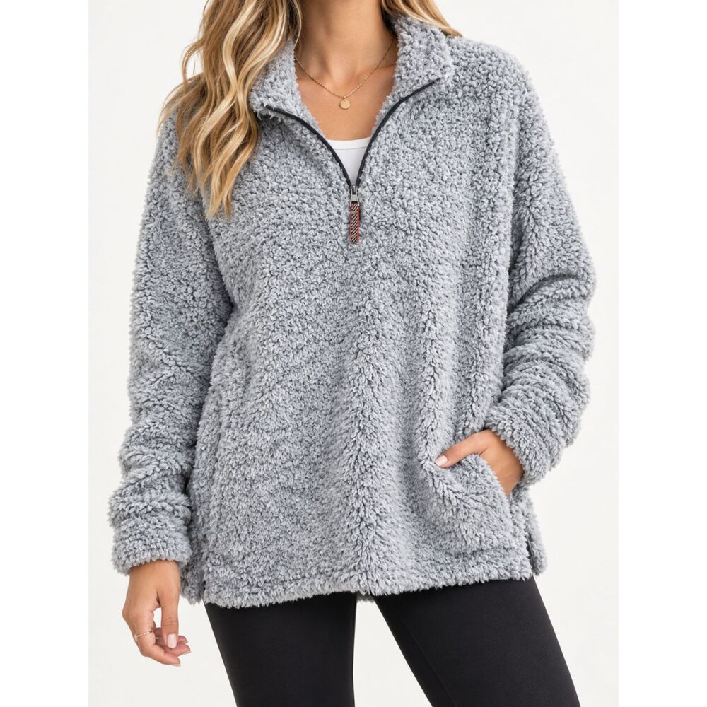 Weatherproof Vintage Womens XXL Gray Sherpa Teddy Fleece 1/4 Zip Pullover